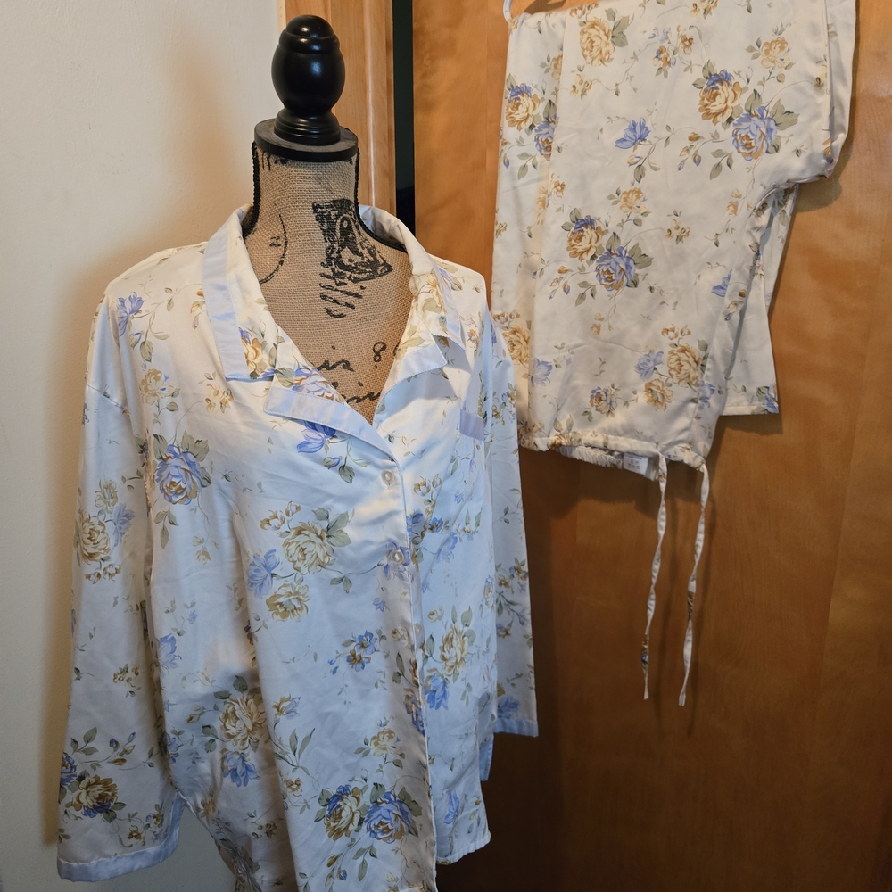 Floral Women's Pajama Set - Cream with Blue and Yellow Flowers